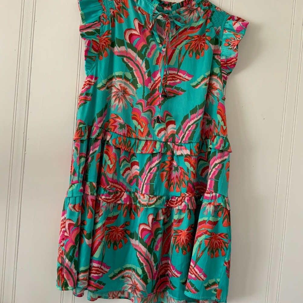 Sleeveless Teal Floral Tiered Sundress - Pink & Orange Print